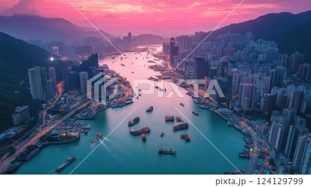 Futuristic Cityscape with Vibrant Buildings and Waterway with Speedboats, Digital Art 124129799