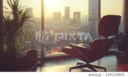 Futuristic Cityscape with Vibrant Buildings and Waterway with Speedboats, Digital Art 124129801