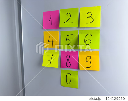 Multicolored sticky notes with numbers from zero to nine hanging on refrigerator 124129960