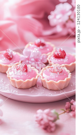 elegant pink tartlets with delicate dough naturally dyed with red cabbage juice filled with luscious strawberry cream and topped with glistening sugar crystals concept of gourmet desserts 124130180