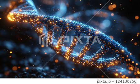 Close-up of a digital DNA strand, showcasing intricate details and vibrant colors, highlighting scientific innovation. 124130256