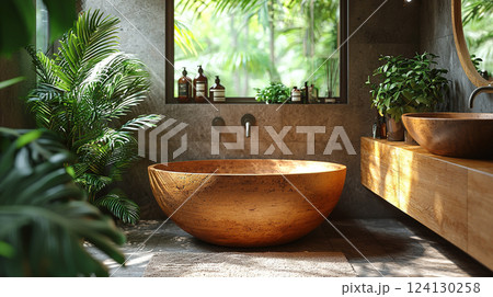 A luxury bathroom features a round stone bathtub, tropical plants, and natural light creating a spa retreat. 124130258