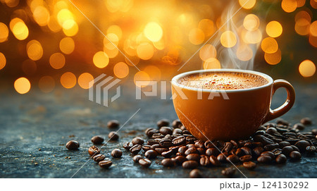A steaming cup of fresh coffee sits atop scattered coffee beans, against a blurred lights background. 124130292