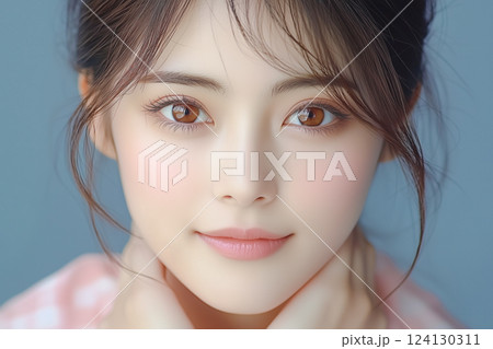 若い女性の顔のクローズアップ。美容、スキンケア、化粧品、ビューティー、健康 124130311