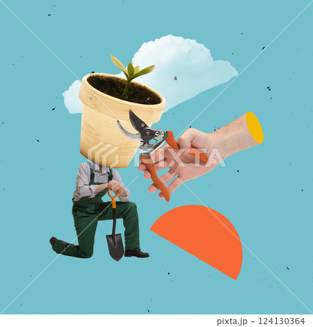 Contemporary art collage. Farmer with plant pot head kneeling while hand offers pruning shears. Surrealism. 124130364