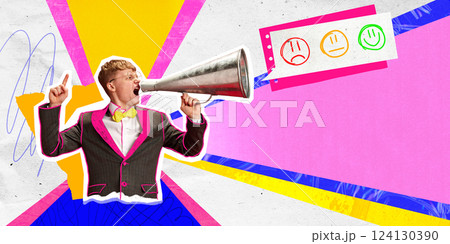 Man expressing opinions through megaphone. Strong communication of opinions shaping brand reputation. Man expressing opinions through megaphone. Strong communication of opinions shaping brand reputation. 124130390