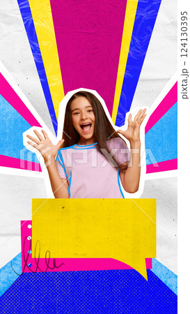 Happy girl expressing joyful experience. Enthusiasm reflected in customer positive expression. Satisfaction, loyalty Happy girl expressing joyful experience. Enthusiasm reflected in customer positive expression. Satisfaction, loyalty 124130395