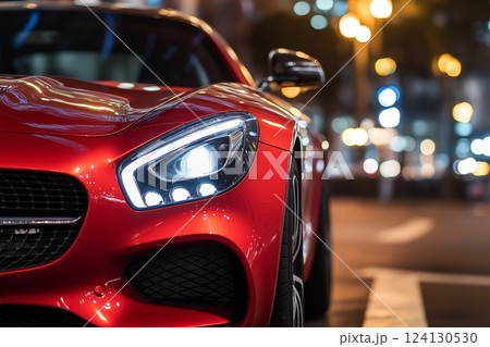 Bright red car highlights sleek design and modern features in a city setting at night 124130530