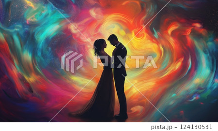 Couple dancing under swirling galaxies with vibrant colors in a cosmic setting 124130531