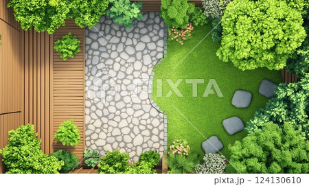 Beautiful tranquil garden with wooden deck, stone paths, and lush greenery 124130610