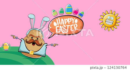 Vector rock star easter potato funny cartoon character with blue easter bunny ears isolated on pink horizontal banner background. rock n roll easter party poster or happy easter greeting card 124130764