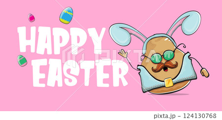 Vector rock star easter potato funny cartoon character with blue easter bunny ears isolated on pink horizontal banner background. rock n roll easter party poster or happy easter greeting card 124130768