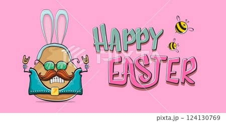Vector rock star easter potato funny cartoon character with blue easter bunny ears isolated on pink horizontal banner background. rock n roll easter party poster or happy easter greeting card 124130769