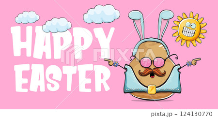 Vector rock star easter potato funny cartoon character with blue easter bunny ears isolated on pink horizontal banner background. rock n roll easter party poster or happy easter greeting card 124130770