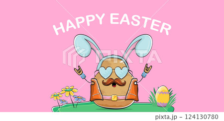 Vector rock star easter potato funny cartoon character with blue easter bunny ears isolated on pink horizontal banner background. rock n roll easter party poster or happy easter greeting card Vector rock star easter potato funny cartoon character with blue easter bunny ears isolated on pink horizontal banner background. rock n roll easter party poster or happy easter greeting card 124130780
