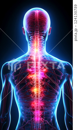 Digitally enhanced medical illustration of human back, highlighting spine cord and nervous system. ideal for medical, healthcare, and neurology-related concepts. 124130789