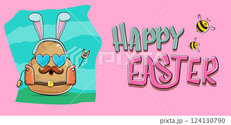 Vector rock star easter potato funny cartoon character with blue easter bunny ears isolated on pink horizontal banner background. rock n roll easter party poster or happy easter greeting card 124130790