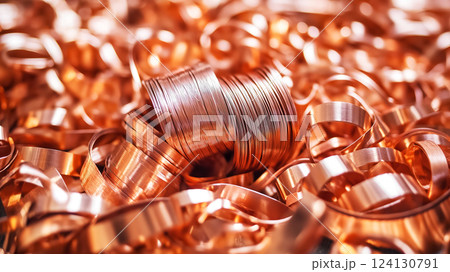 Pile of shiny copper shavings and coiled copper wire, reflecting light and creating rich metallic texture. Ideal for themes related to recycling, metalworking, industrial processes, raw materials 124130791