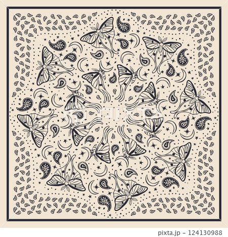 Black and white scarf or bandana with luna moths and paisley mandala pattern. Ethnic monochrome carpet design with butterfly 124130988