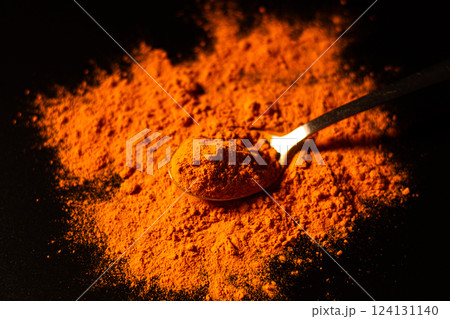 Spoon of turmeric powder isolated on dark background. Vibrant orange color of spice. Powder ingredient for healthy turmeric drink. Detox concept 124131140