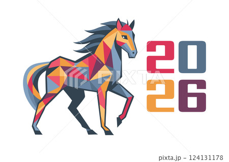 Happy New Year background with a geometric polygonal horse silhouette and the numbers 2026. Year of the Horse. Greeting card. 124131178
