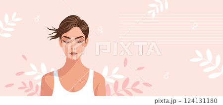 Mental health concept. Beautiful young woman with closed eyes on a pink background. Mental Health Day. Mental health concept. Beautiful young woman with closed eyes on a pink background. Mental Health Day. 124131180