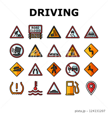 car driving obstacles road icons set vector 124131207