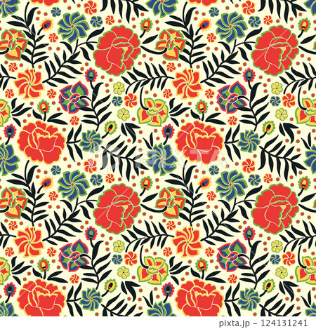Seamless pattern with animal and floral ornament in the style of Mexican otomi embroidery 124131241