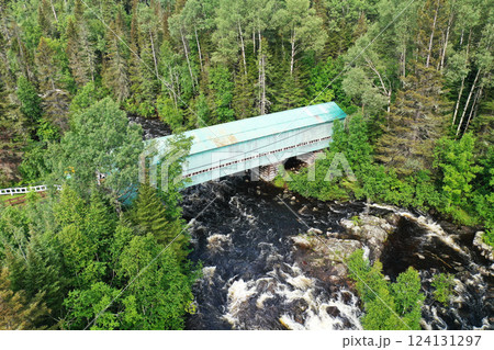Aerial view of Lac Ha! Ha! Covered Bridge in Quebec, Canada 124131297
