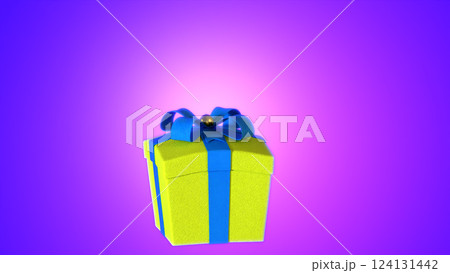 Yellow Gift Box with Blue Ribbon on Glowing Purple Background. Yellow Gift Box with Blue Ribbon on Glowing Purple Background. 124131442