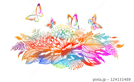 Horizontal floral colored vintage composition with butterflies. hand drawing. Not AI, Vector illustration 124131489