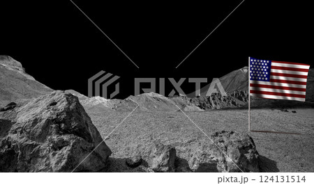 USA flag on dark planet landscape. Cosmic scene USA flag on dark planet landscape. Cosmic scene 124131514