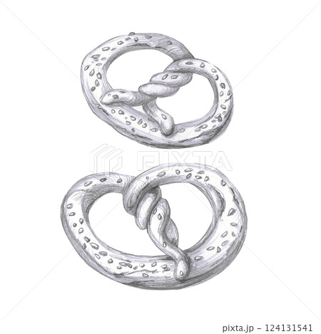 Bretzel is a traditional German beer pretzel. Isolated pencil illustration of food in realistic style for menu design, restaurant interior, poster printing, kitchen accessories. Bretzel is a traditional German beer pretzel. Isolated pencil illustration of food in realistic style for menu design, restaurant interior, poster printing, kitchen accessories. 124131541