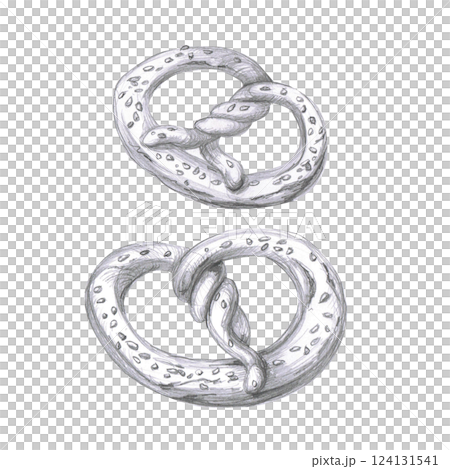 Bretzel is a traditional German beer pretzel. Isolated pencil illustration of food in realistic style for menu design, restaurant interior, poster printing, kitchen accessories. Bretzel is a traditional German beer pretzel. Isolated pencil illustration of food in realistic style for menu design, restaurant interior, poster printing, kitchen accessories. 124131541