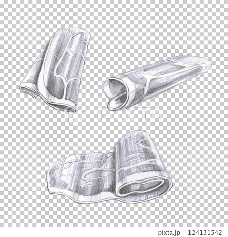 Thinly sliced pieces of meat snack. Isolated pencil illustration of food in realistic style for menu design, restaurant interior, poster printing, kitchen accessories. 124131542