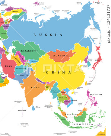 Asia, multi colored political map. Largest continent in the world by land area and population. Map with colored single states, largest islands, labeled with English country names. Isolated vector. Asia, multi colored political map. Largest continent in the world by land area and population. Map with colored single states, largest islands, labeled with English country names. Isolated vector. 124131737
