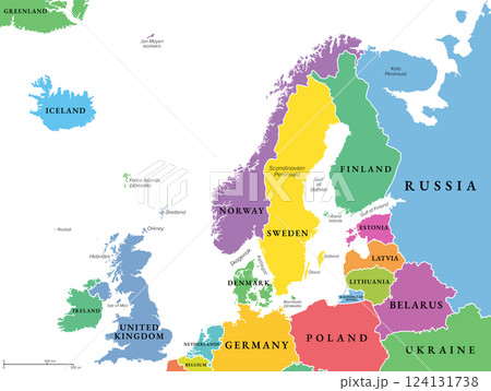Northern Europe, multi colored political map of the British Isles, of Fennoscandia, the Jutland peninsula, with the Baltic plain lying to the east, and islands offshore from mainland Northern Europe. Northern Europe, multi colored political map of the British Isles, of Fennoscandia, the Jutland peninsula, with the Baltic plain lying to the east, and islands offshore from mainland Northern Europe. 124131738