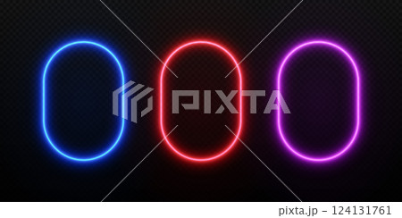 Neon light rectangle frame. Border with glow of vertical rounded led line. Set of vector templates for game design isolated on dark background. 124131761