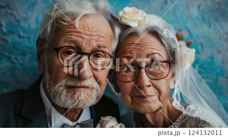 happy couple of elderly newlyweds, wedding ceremony, smiling bride and groom, loving seniors wife and husband, wedding anniversary, advanced age, grandmother and grandfather 124132011