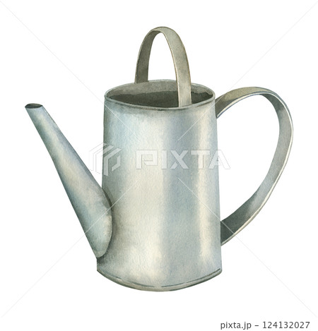 Metal watering can with handle for watering plants and gardening. The watering can is hand painted with watercolor. Watercolor illustration. For printing on postcards, packaging design and posters. 124132027