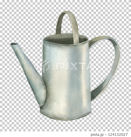 Metal watering can with handle for watering plants and gardening. The watering can is hand painted with watercolor. Watercolor illustration. For printing on postcards, packaging design and posters. 124132027