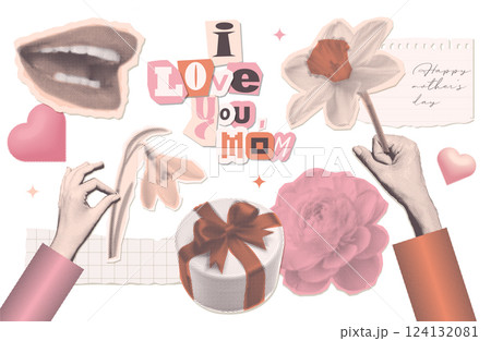 Vintage dotted Halftone Hands with flowers, smiling mouth, greeting words paper torn out collage set. Torn out paper mixed style sticker collection. Vector illustration with muted colors 124132081