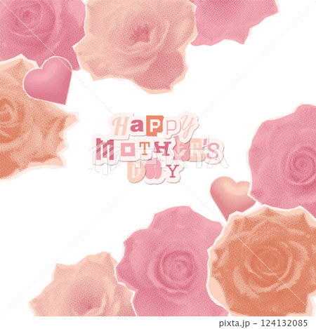 Mother s Day greeting card with Halftone paper torn out collage roses. Trendy vintage banner with zine letters. Retro minimal vector illustration. Mother s Day greeting card with Halftone paper torn out collage roses. Trendy vintage banner with zine letters. Retro minimal vector illustration. 124132085