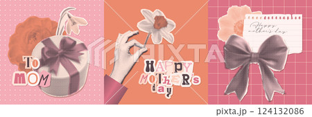 Dotted Halftone collage Mothers Day greeting cards set. Hand holding daffodil, gift box, flowers and bow. Trendy vintage magazine torn out paper mixed media style. Vector illustration Dotted Halftone collage Mothers Day greeting cards set. Hand holding daffodil, gift box, flowers and bow. Trendy vintage magazine torn out paper mixed media style. Vector illustration 124132086