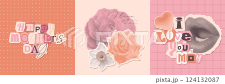 Mother s day square cards set design of dotted halftone flowers, mouth with vintage paper letters. Greetings for best mom retro collage design. Vector illustration 124132087