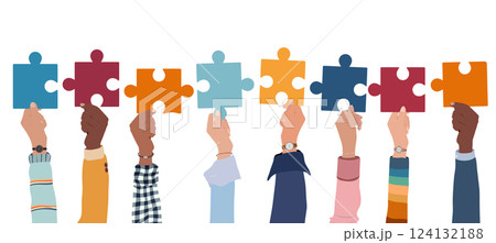 Problem solving concept. Raised hand up of multicultural business women and business men holding a jigsaw puzzle piece. Metaphor.Strategy concept.Joining puzzle pieces.Match.Isolated 124132188