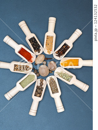 spice mix in wooden spoons spice mix in wooden spoons 124132532