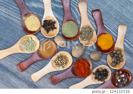 spice mix in wooden spoons 124132538
