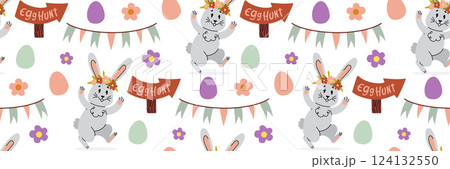 Easter rabbit seamless pattern. Festive game egg hunt. Spring background with funny bunny, wooden pointer and garland of colored flags. For wrapping paper, textiles, children room. Flat illustration. 124132550