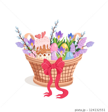 Cute Easter Basket with Colorful Eggs and Spring Flowers. Festive cake, blooming willow and crocuses. Holiday composition creates warm spring mood. Invitations and seasonal decor. Vector illustration. 124132551